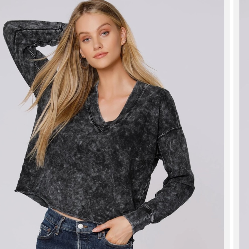 (XS) Bobi Los Angeles Dyed V-Neck Cropped Sweatshirt Black White Extra Small